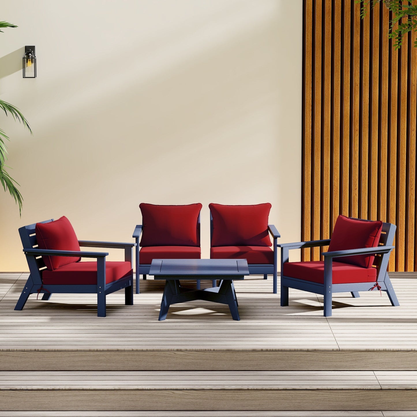 Polytrends Birchwood All Weather HDPE Set da conversazione per esterni da patio blu navy con posti a sedere profondi (set da 5 pezzi)