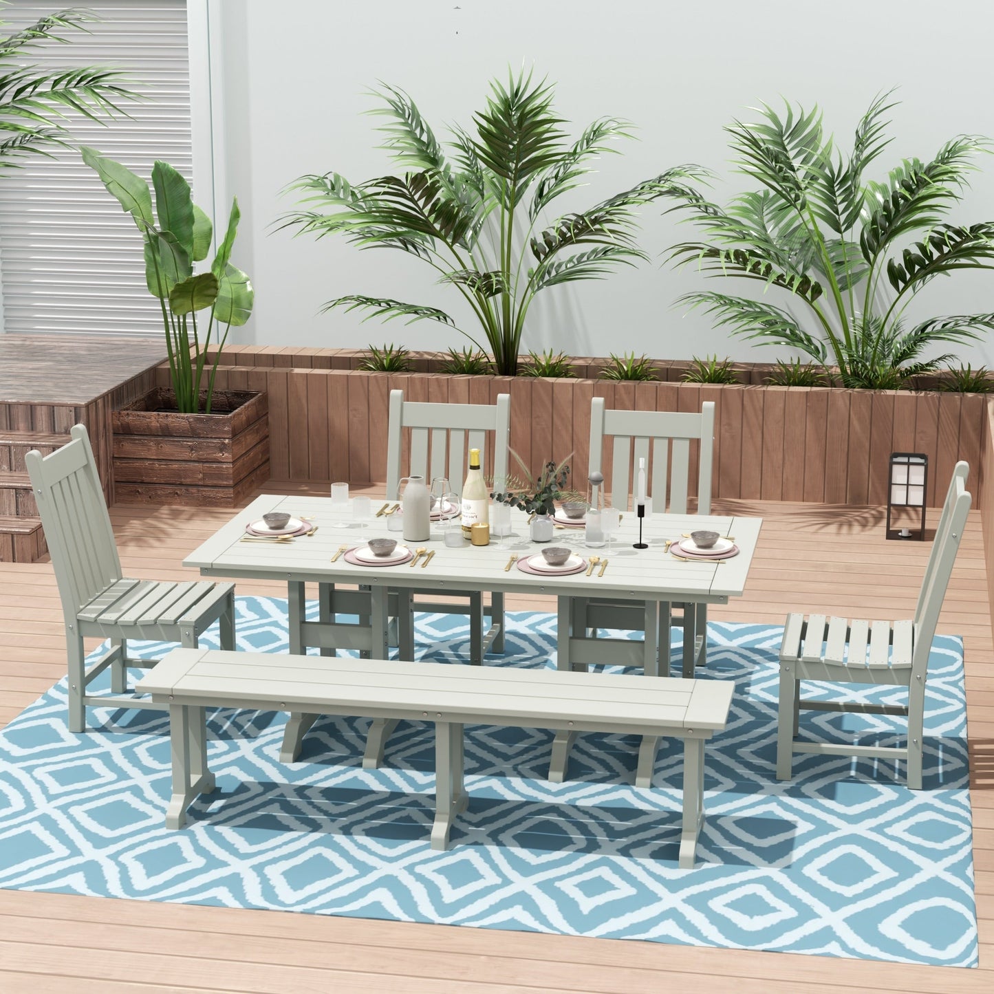 Set da pranzo per esterni Polytrends Laguna HDPE per tutte le stagioni con tavolo rettangolare, sedie laterali e panca (set da 6 pezzi)