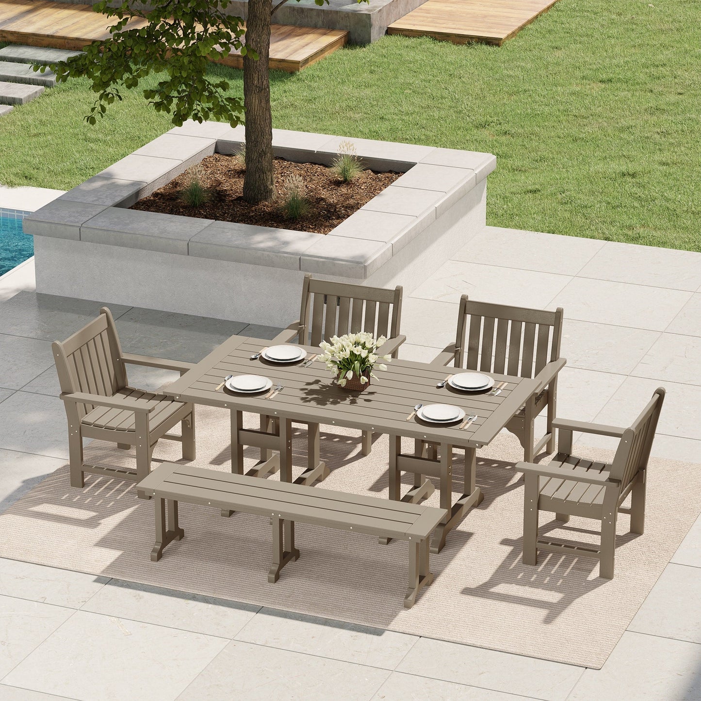 Polytrends Laguna, set da pranzo da giardino con tavolo rettangolare da 6 pezzi per patio e panca