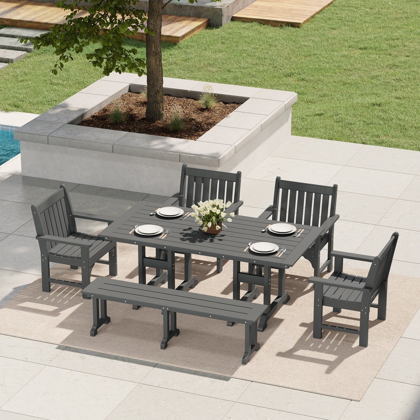 Polytrends Laguna, set da pranzo da giardino con tavolo rettangolare da 6 pezzi per patio e panca