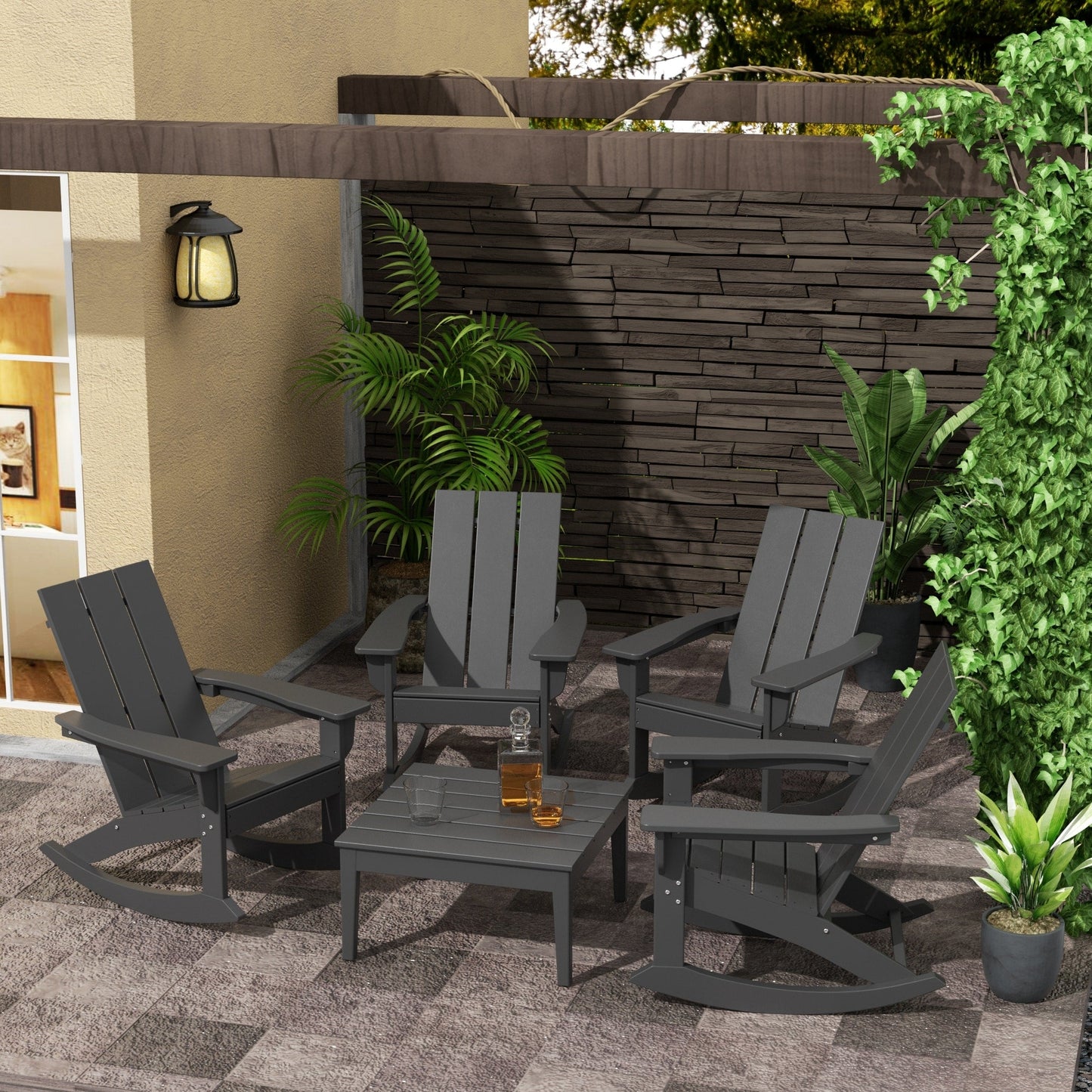 Set da conversazione con sedia a dondolo Polytrends Shoreside da 5 pezzi, adatta a tutte le stagioni