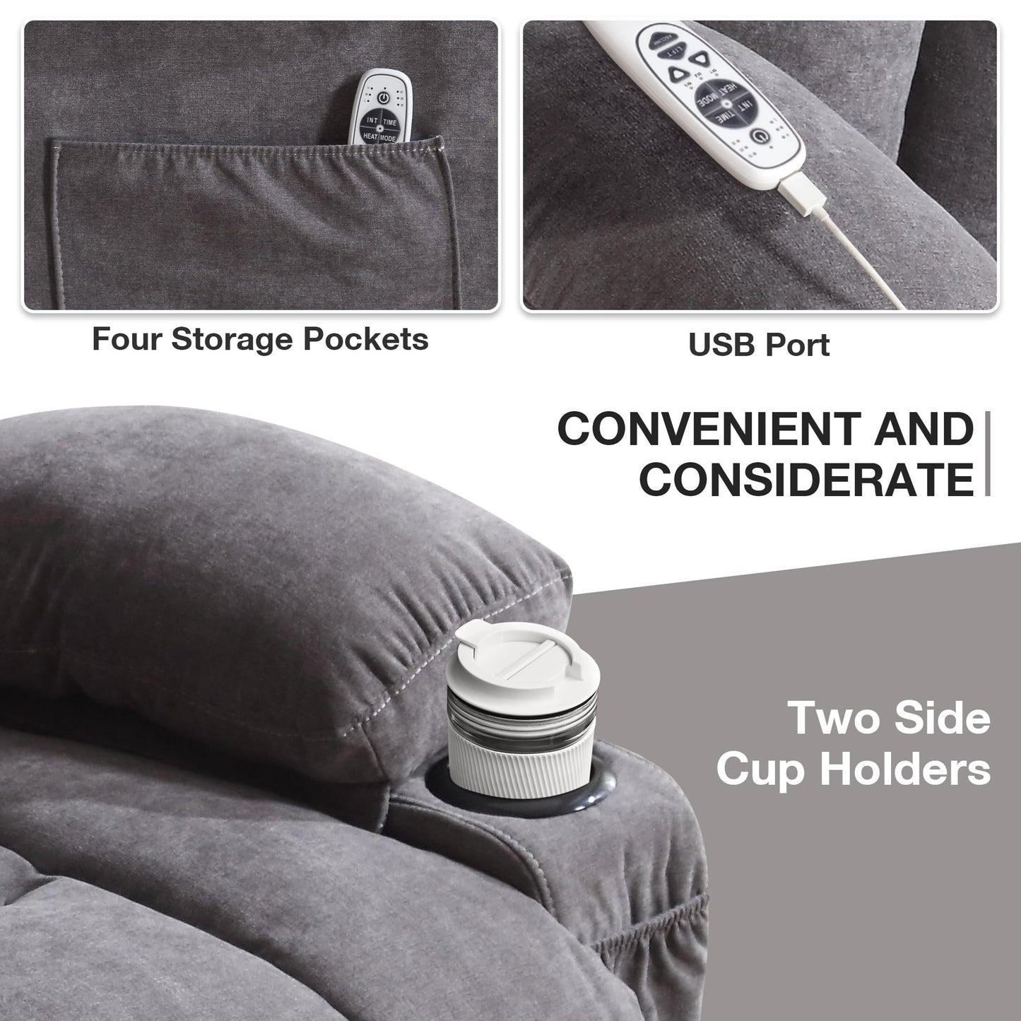 Poltrone reclinabili elettriche, massaggio termico, porta USB, telecomando