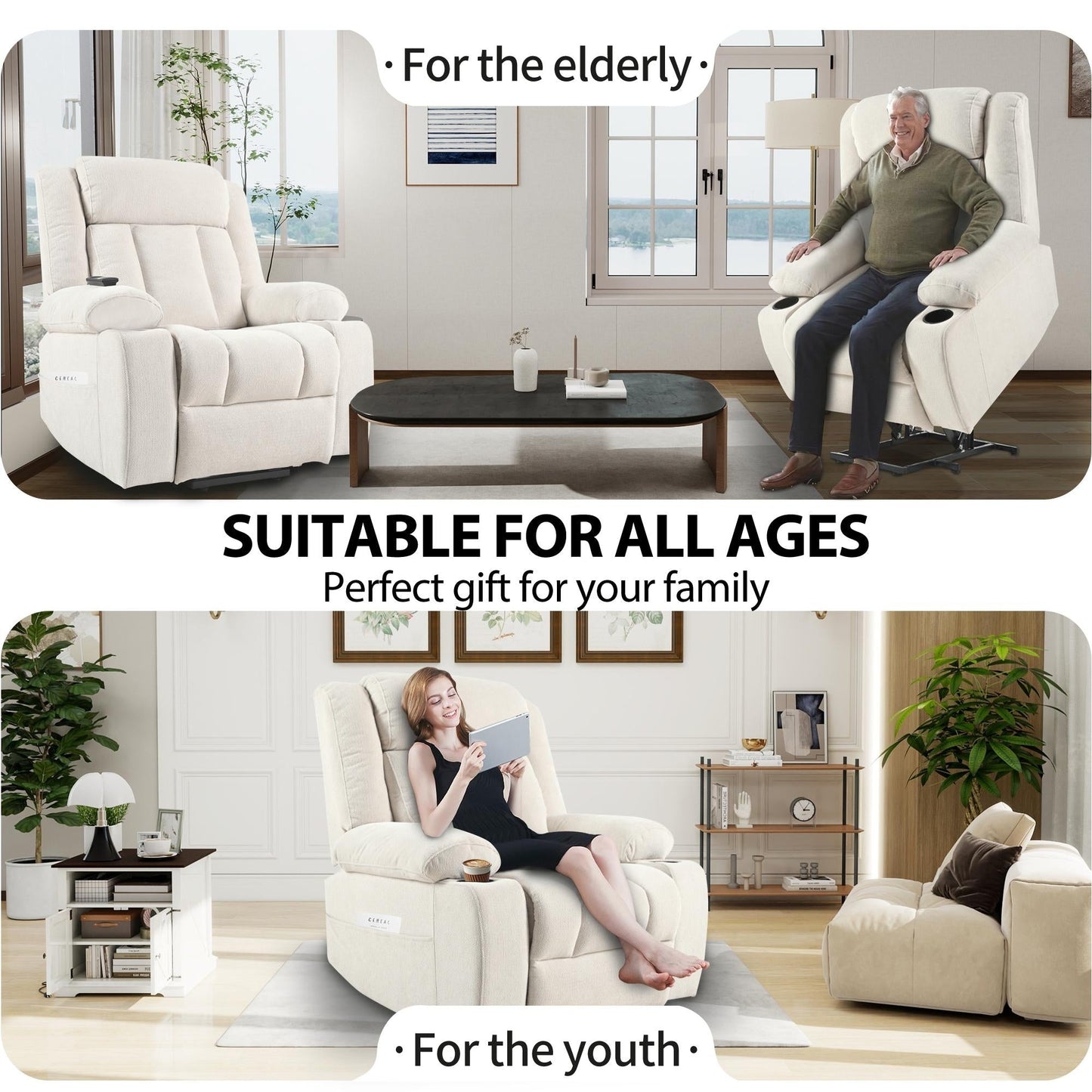 Poltrona reclinabile elettrica per anziani, poltrone reclinabili in tessuto con poggiapiedi esteso, con 2 portabicchieri, tasche laterali, telecomando