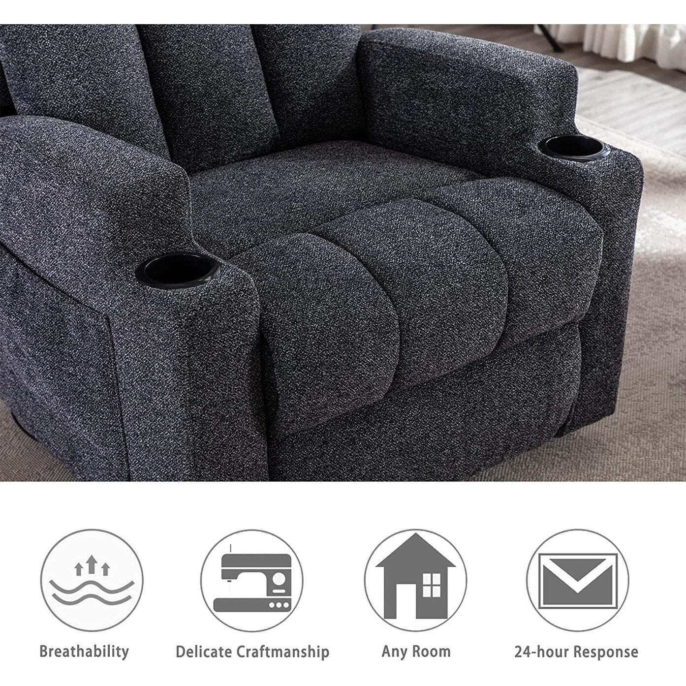 Poltrona reclinabile manuale con massaggio e riscaldamento, divano con 2 portabicchieri, tessuto traspirante