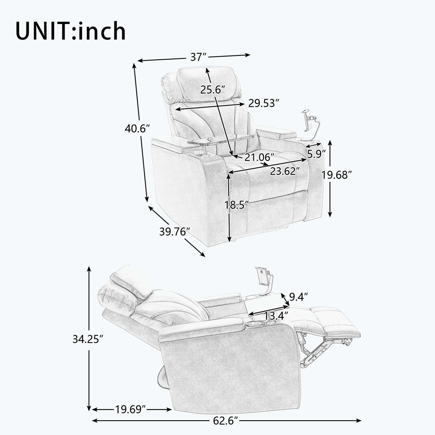 Poltrona reclinabile Power Motion con porta di ricarica USB e bracciolo nascosto, con pratico portabicchieri e stereo