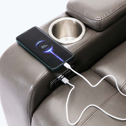 Poltrona reclinabile Power Motion con porta di ricarica USB e bracciolo nascosto, con pratico portabicchieri e stereo