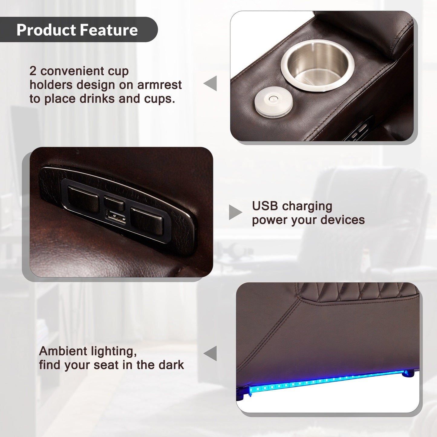 Poltrona reclinabile Power Motion con porta di ricarica USB e bracciolo nascosto