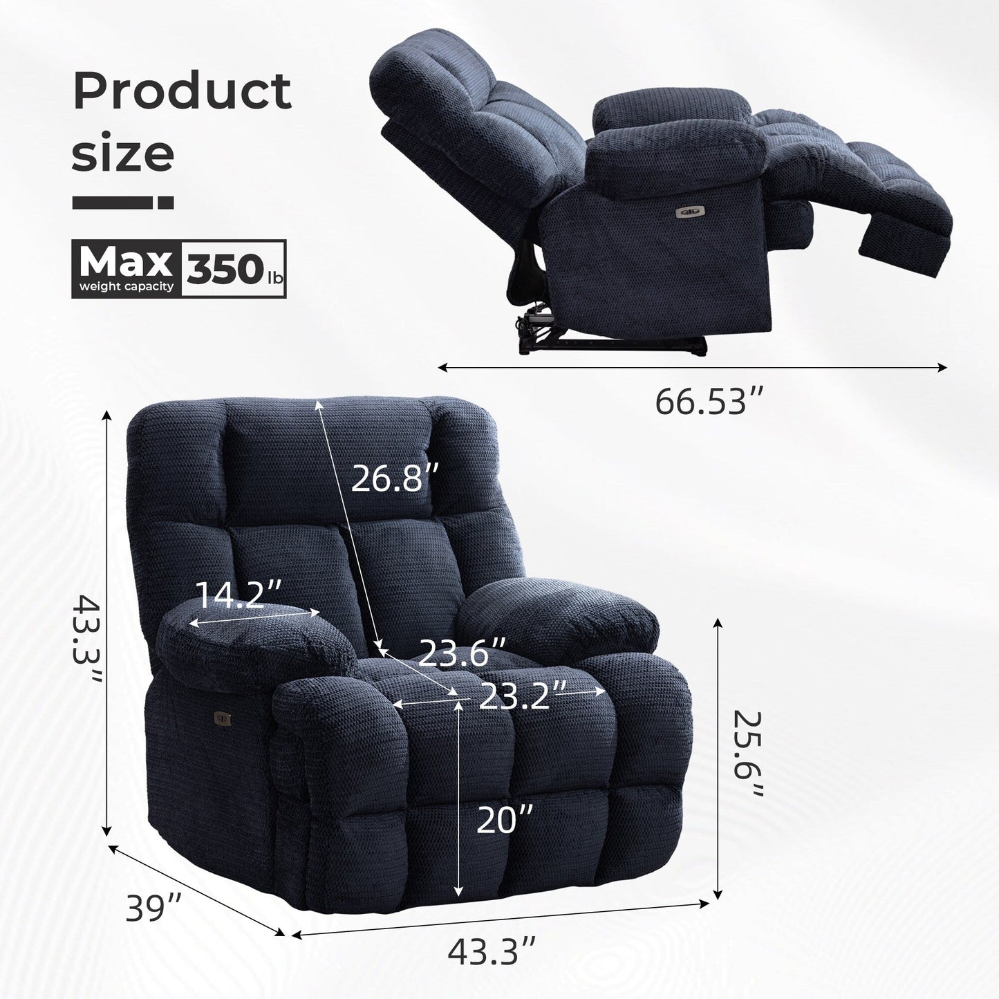 Poltrona reclinabile elettrica di grandi dimensioni Zero Gravity Big Man, extra large, per soggiorno, con porta USB, seduta larga 24 pollici, grigia