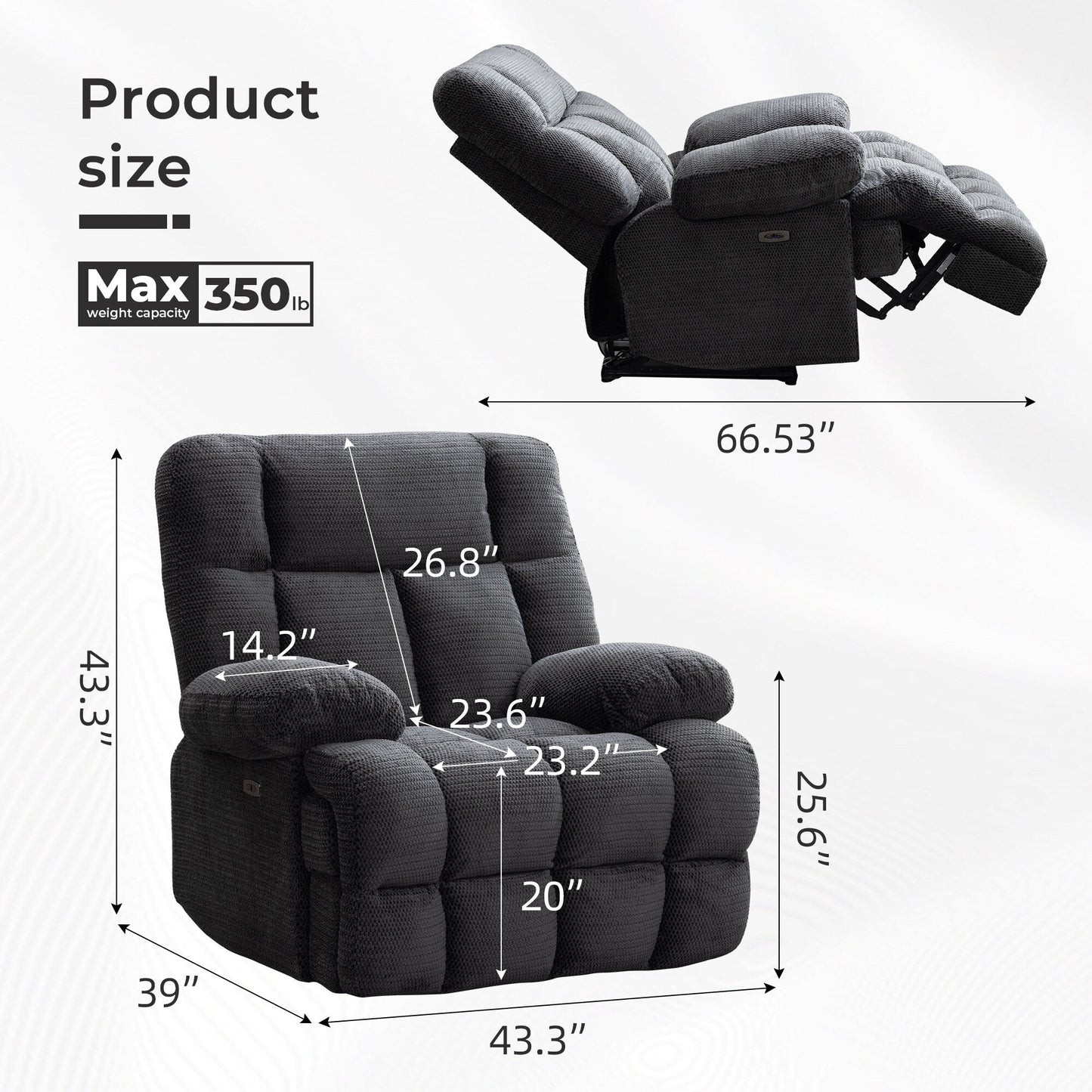 Poltrona reclinabile elettrica di grandi dimensioni Zero Gravity Big Man, extra large, per soggiorno, con porta USB, seduta larga 24 pollici, grigia