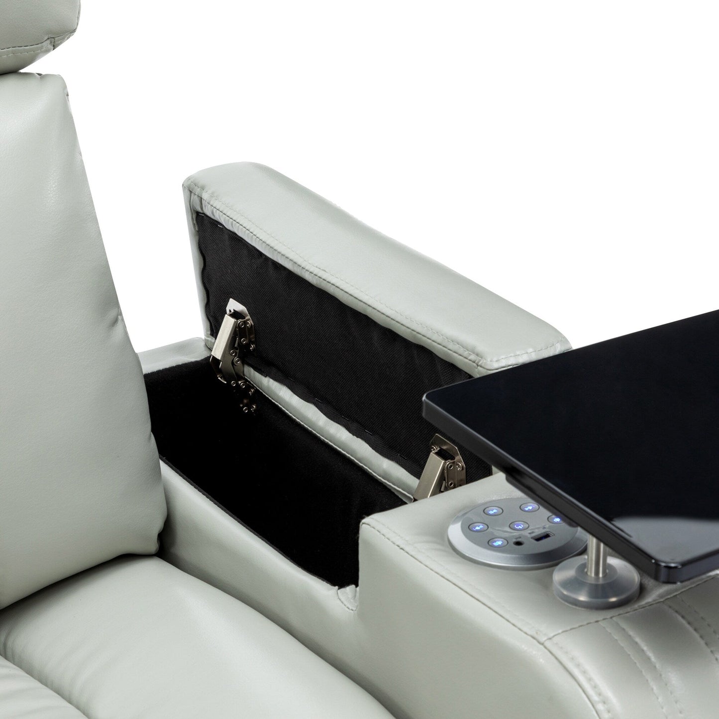 Poltrona reclinabile elettrica con portabicchieri refrigerante, altoparlante Bluetooth, luci LED, porte USB, tavolino e spazio nascosto