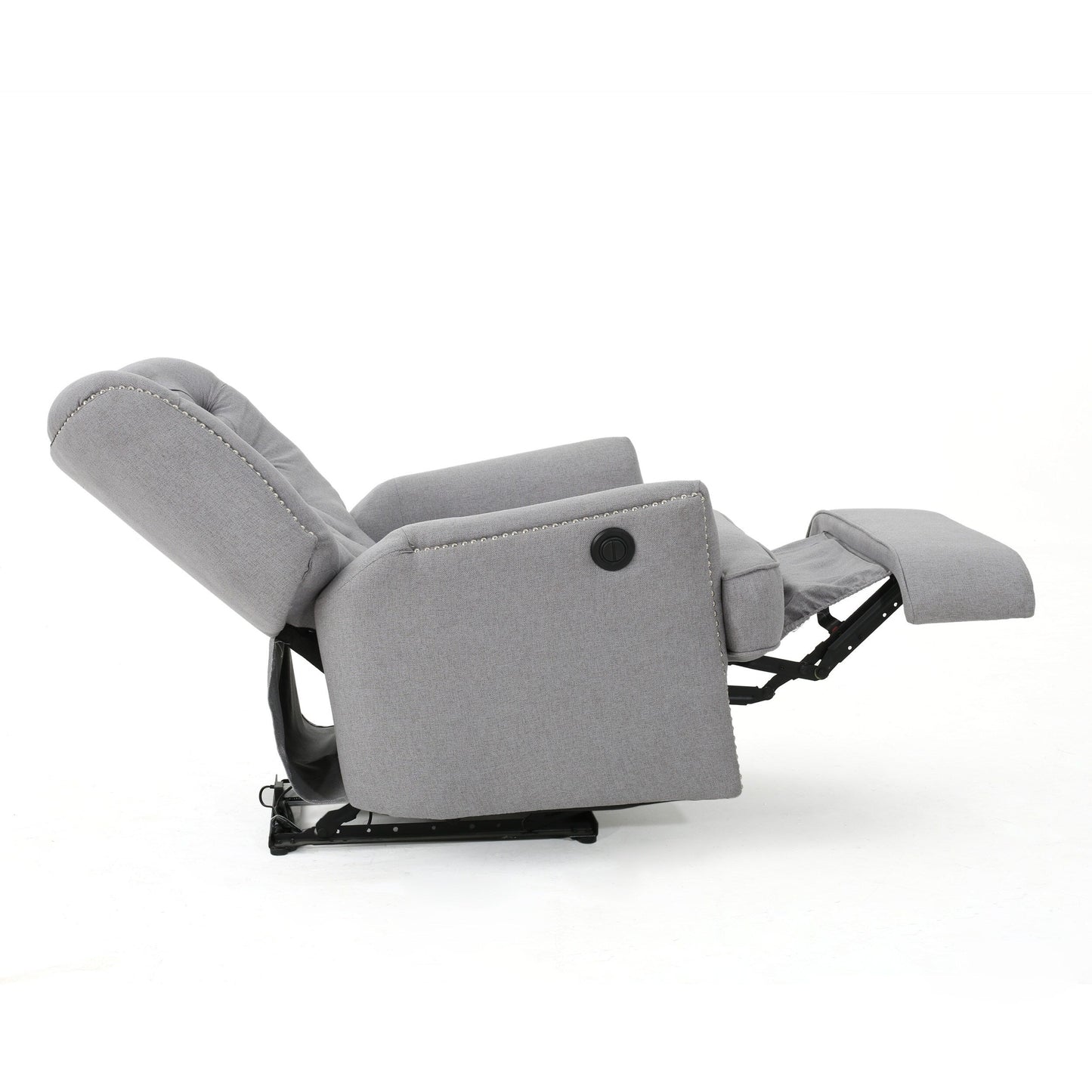 Poltrona reclinabile elettrica, tessuto morbido grigio con bottoni trapuntati, dettagli in rame