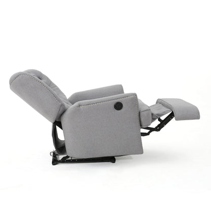 Poltrona reclinabile elettrica, tessuto morbido grigio con bottoni trapuntati, dettagli in rame