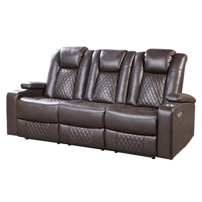 Divano reclinabile elettrico, 83 pollici, similpelle marrone, tavolo a scomparsa