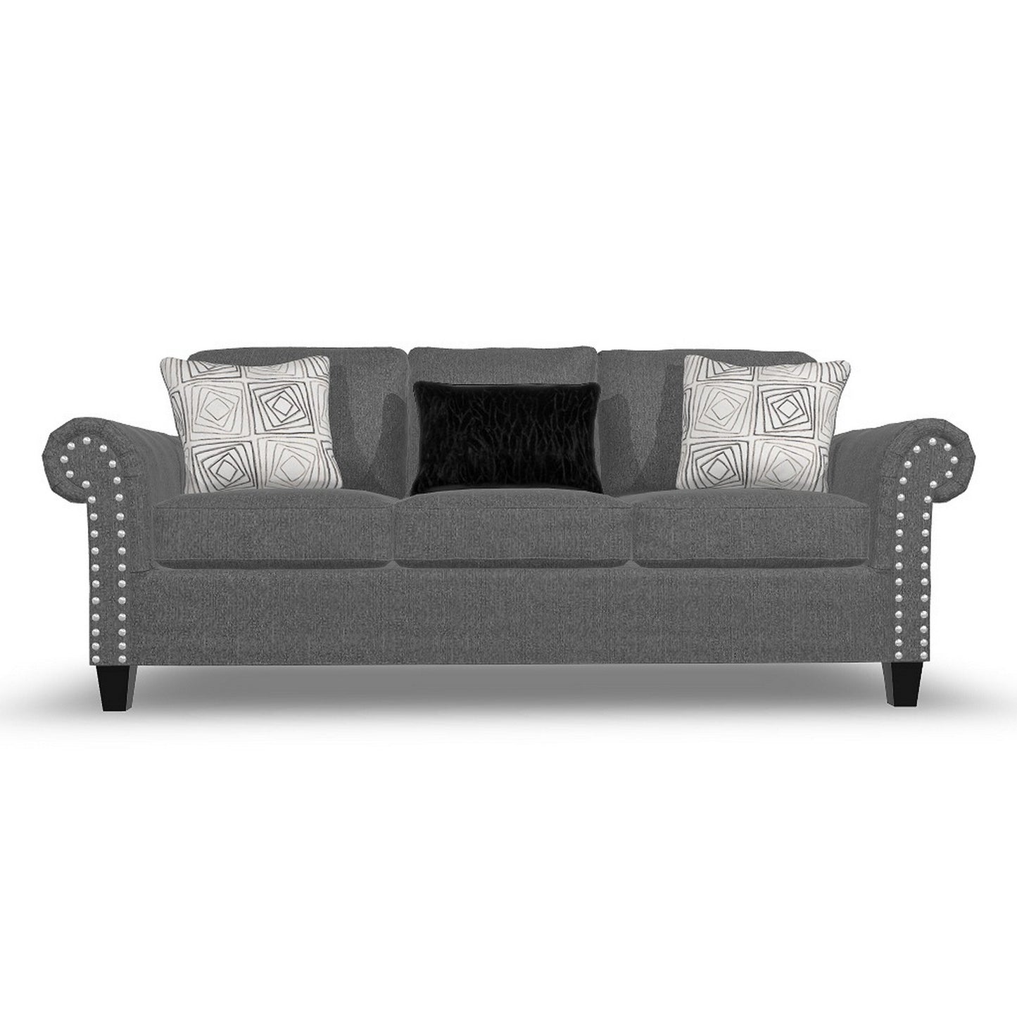 Divano Preston, ciniglia grigia, pelliccia sintetica, 3 cuscini decorativi, 91 pollici