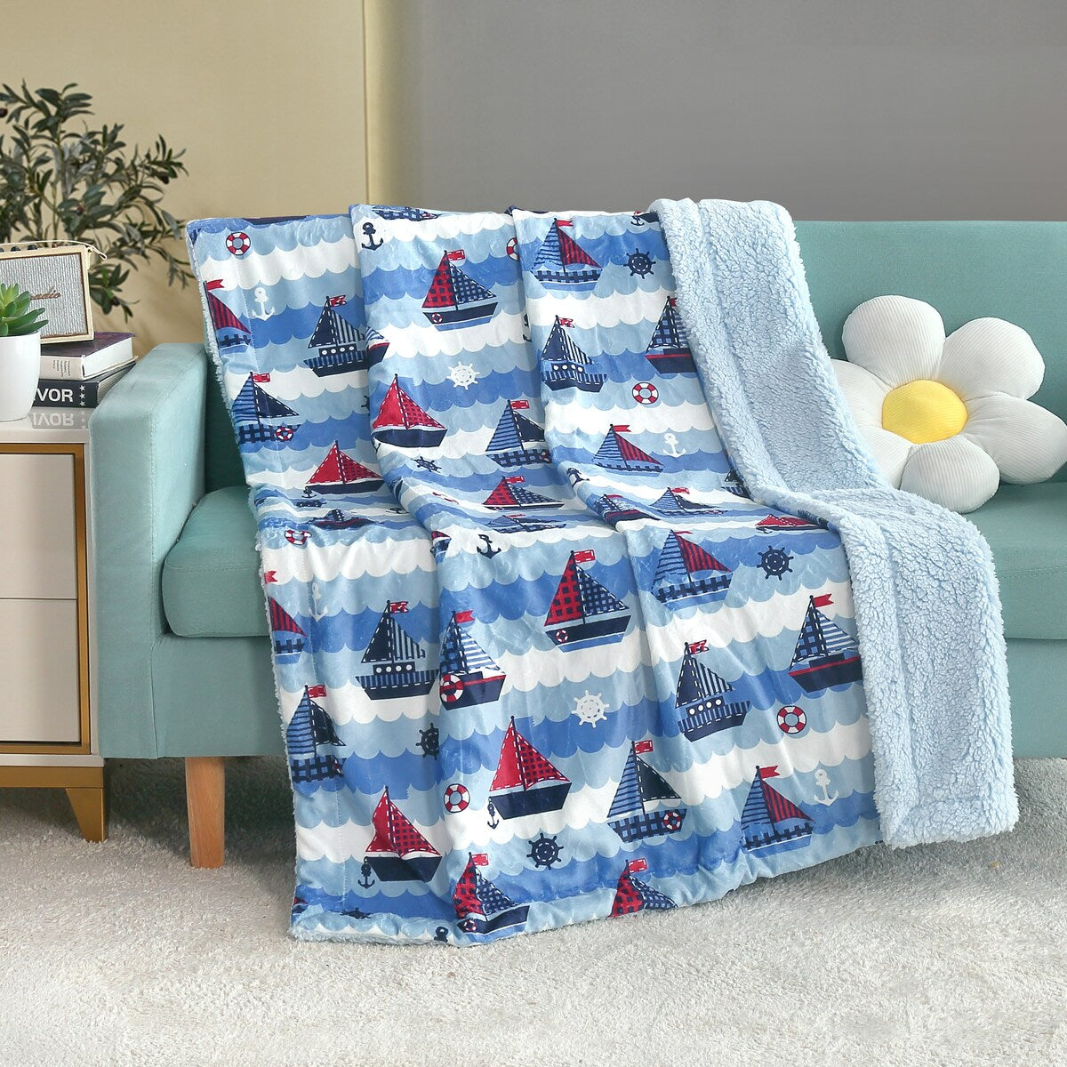 Coperta in pile di flanella stampata per bambini, coperta Sherpa, 40 x 50 pollici, barca a vela nautica, base bianca