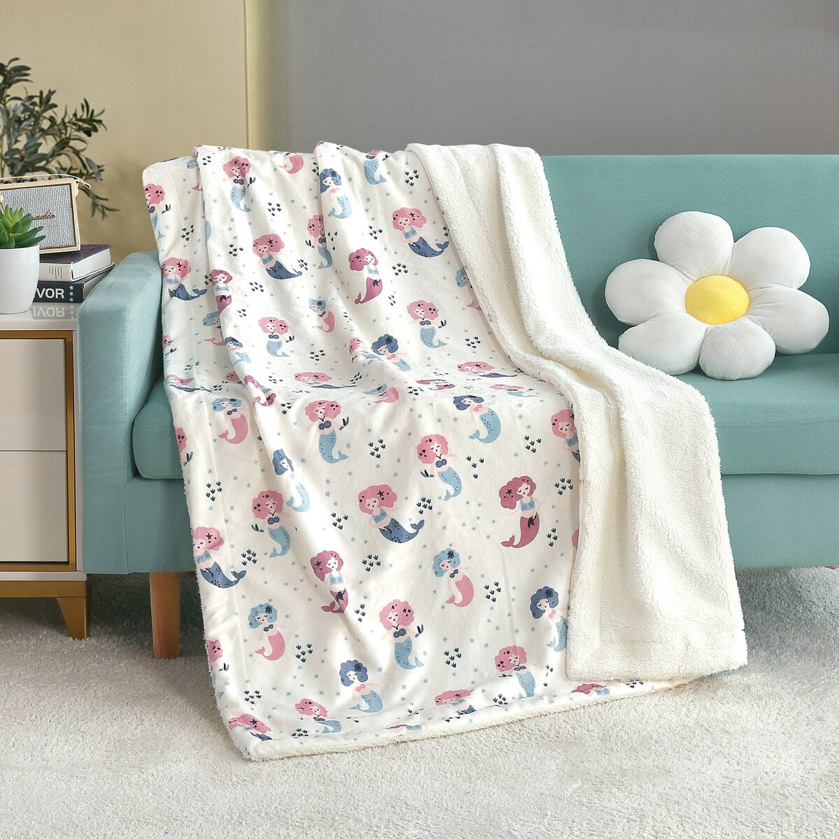 Coperta per bambini in pile di flanella morbida stampata Sherpa, 40 x 50 pollici, sirena rosa con base bianca