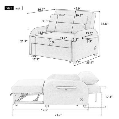 Divano letto estraibile 3 in 1 con tavolo a 2 ante e ricarica USB per soggiorno, sala ricreativa