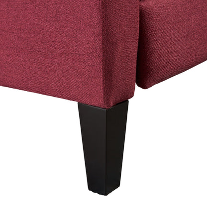 Poltrona reclinabile con schienale a spinta, gambe in legno di betulla, trapuntatura in poliestere con bottoni rossi