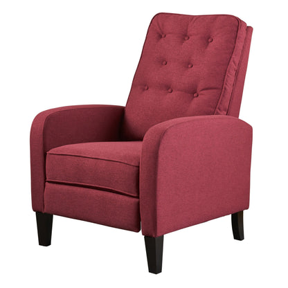 Poltrona reclinabile con schienale a spinta, gambe in legno di betulla, trapuntatura in poliestere con bottoni rossi