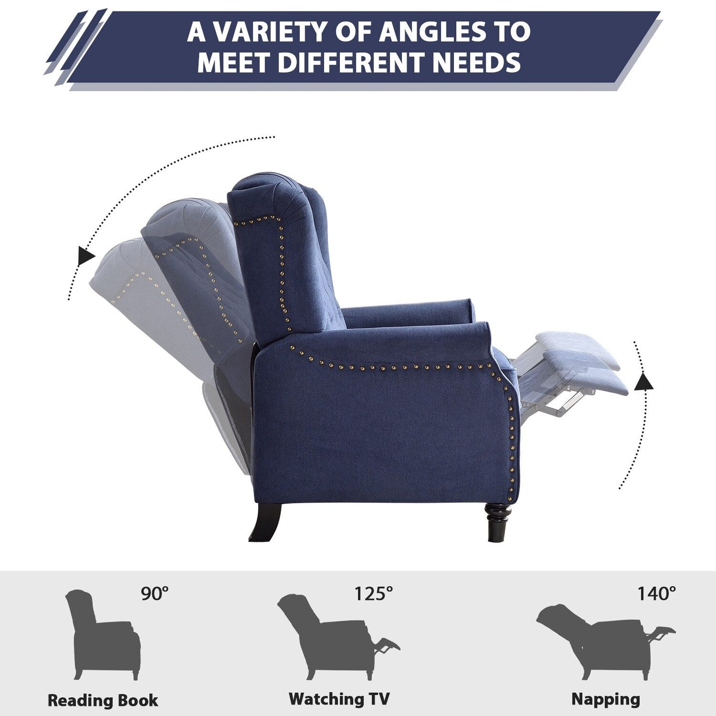 Poltrona reclinabile con schienale imbottito e gambe in legno