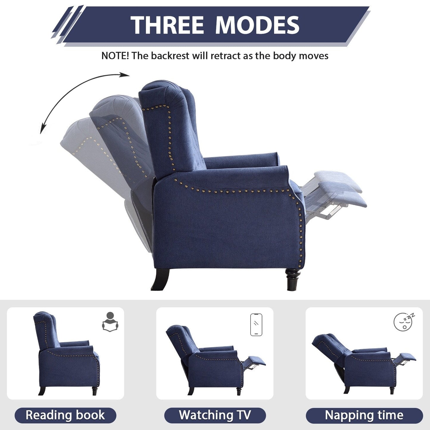 Poltrona reclinabile con schienale imbottito e gambe in legno