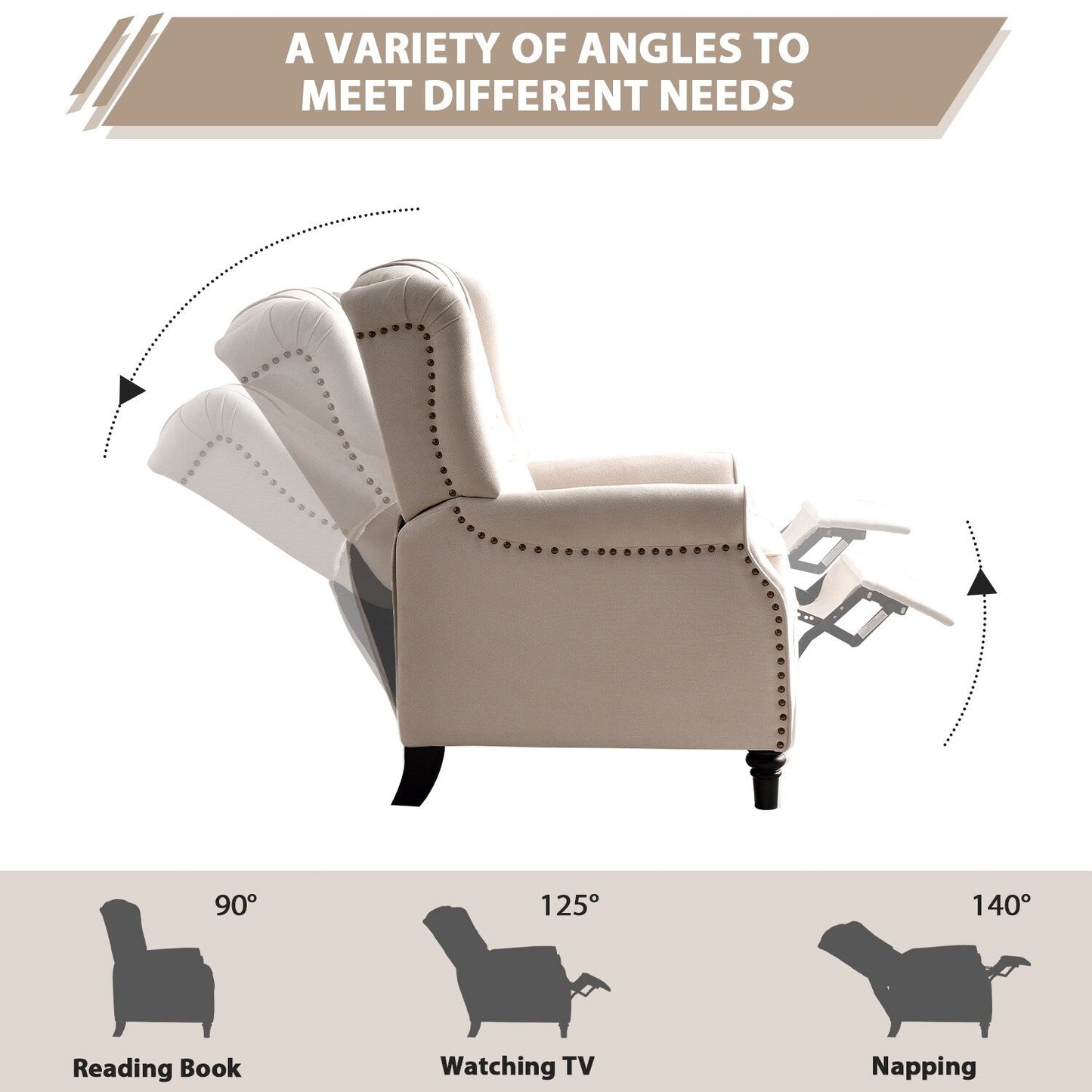 Poltrona reclinabile con schienale imbottito e gambe in legno