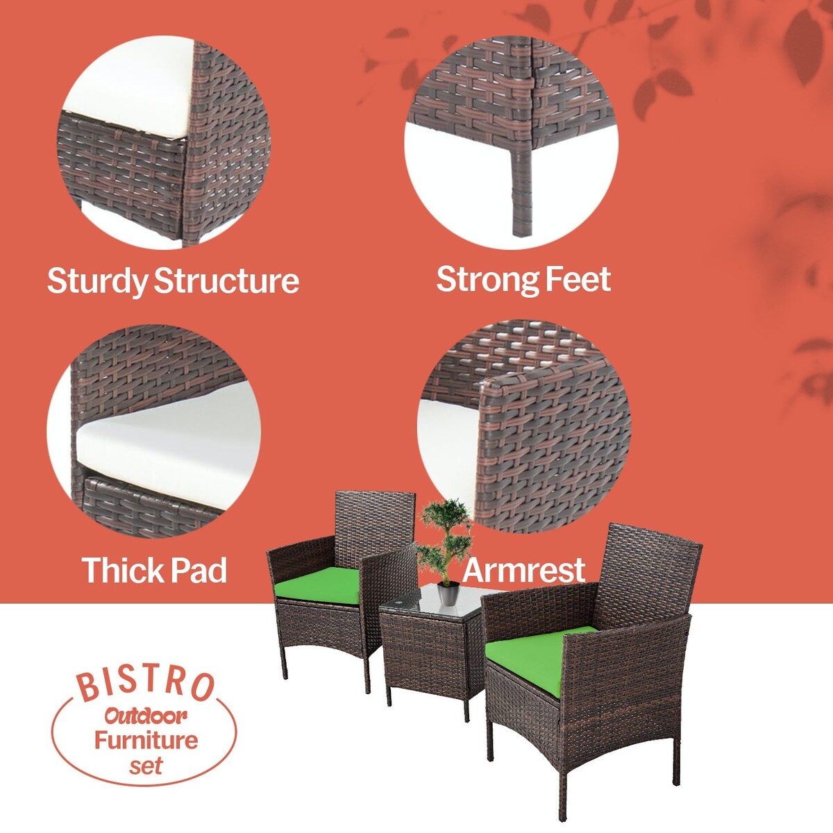 Set da bistrot da giardino in rattan da 3 pezzi Pyramid Home Decor