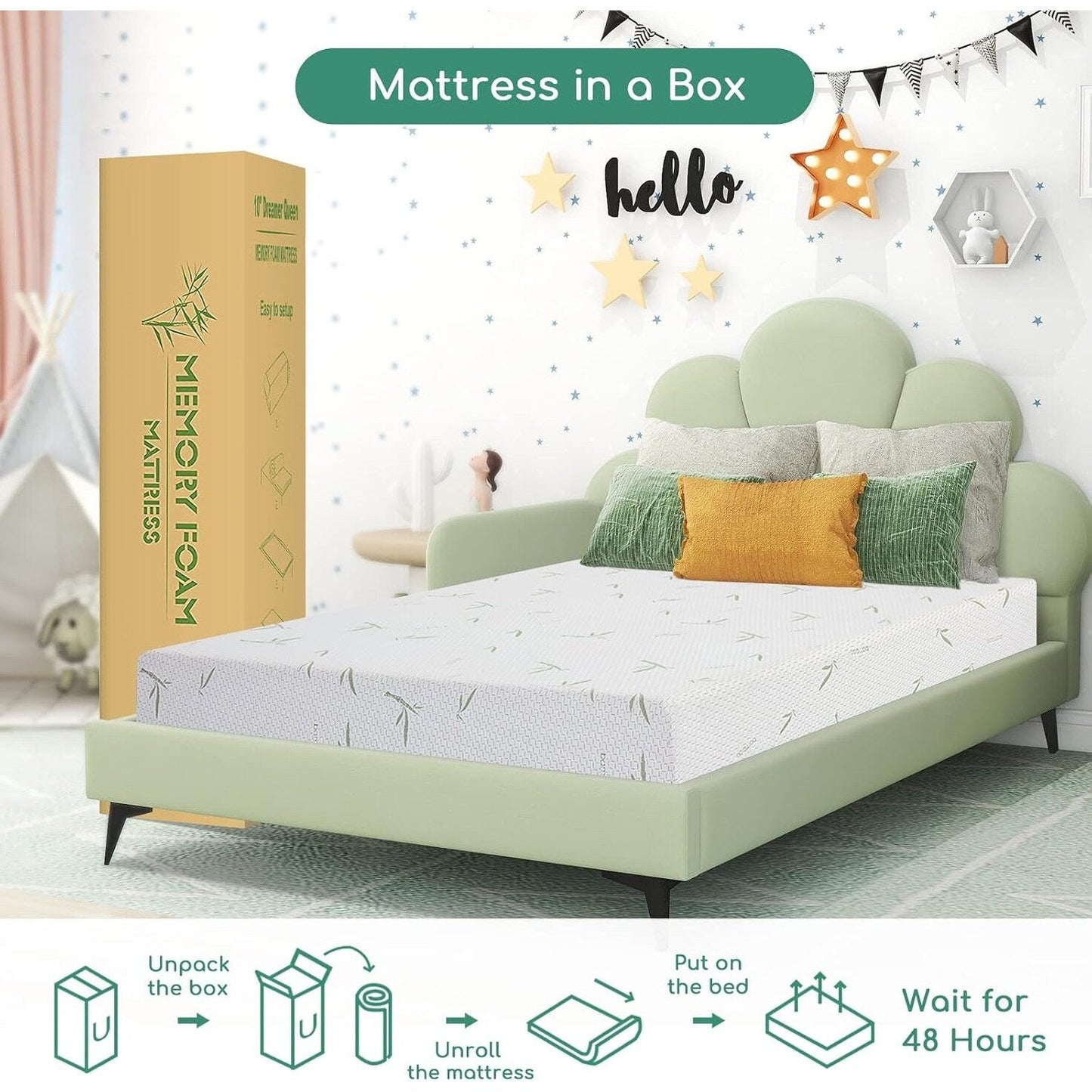 Materasso Queen, memory foam da 6 pollici, fodera in bambù traspirante, gel al tè verde di media rigidità