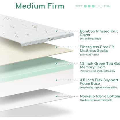 Materasso Queen, memory foam da 6 pollici, fodera in bambù traspirante, gel al tè verde di media rigidità