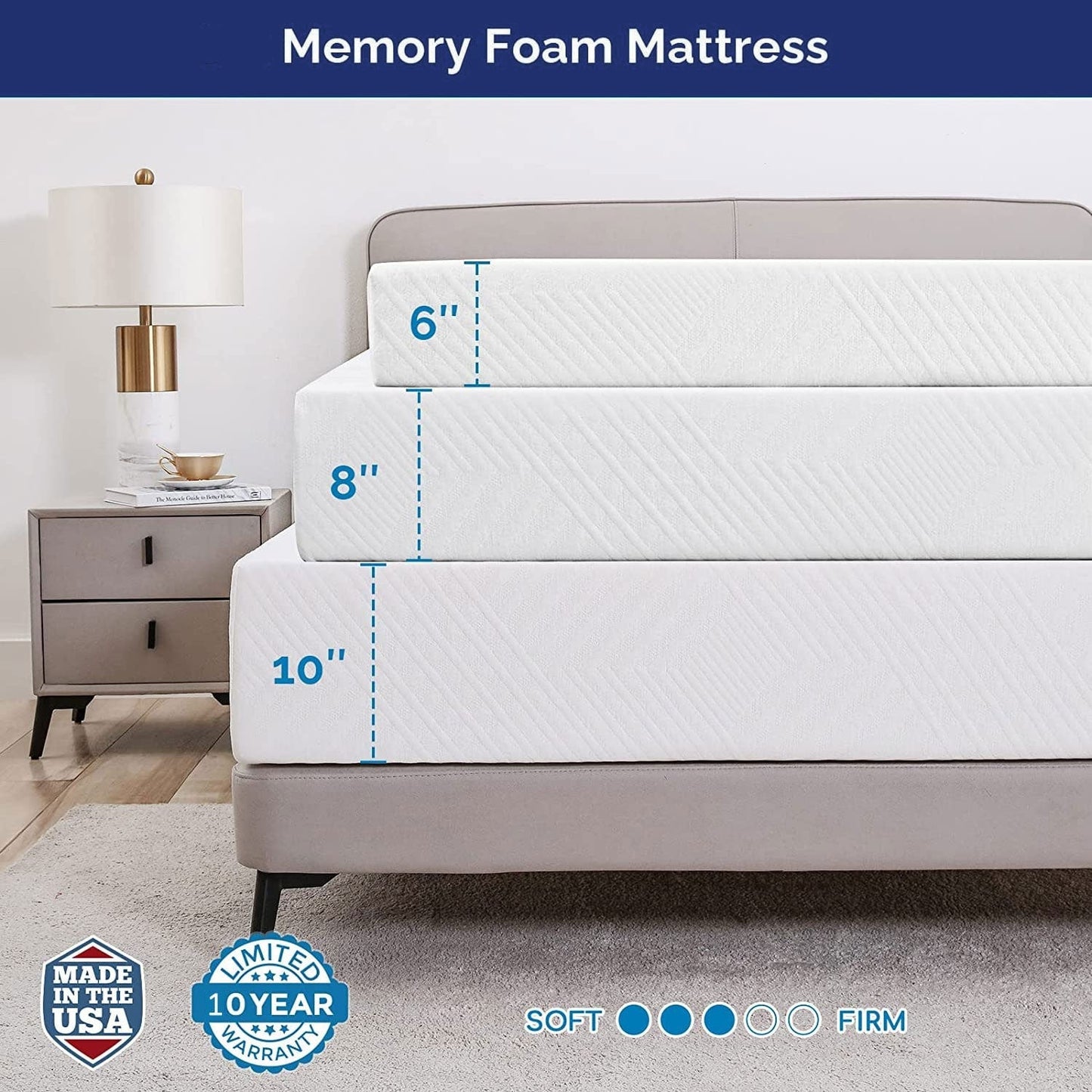 Materasso Queen da 12 pollici in memory foam gel, sensazione media, ipoallergenico, traspirante, in una scatola