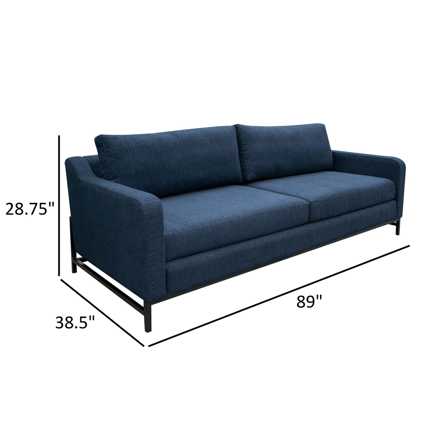 Divano Raed, 2 cuscini lombari, 89 pollici, legno massello, nero, poliestere blu
