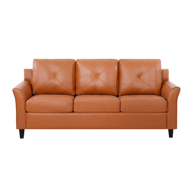 Elegante combinazione di divani: divano Chesterfield con braccioli arrotolati e braccioli svasati trapuntati con bottoni, divano in microfibra per piccoli spazi