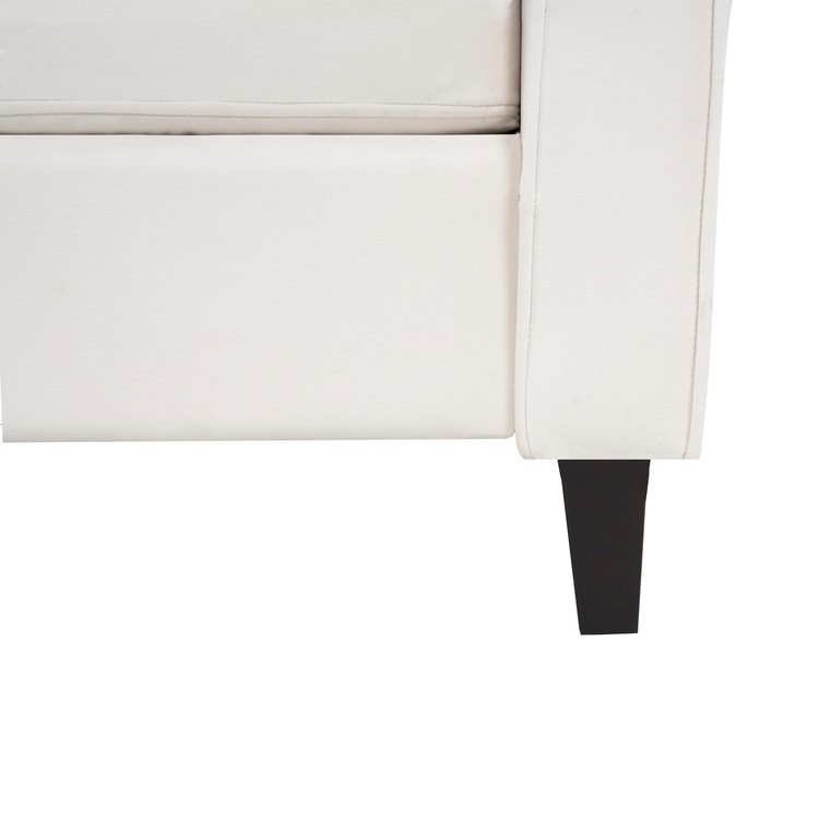 Elegante combinazione di divani: divano Chesterfield con braccioli arrotolati e braccioli svasati trapuntati con bottoni, divano in microfibra per piccoli spazi