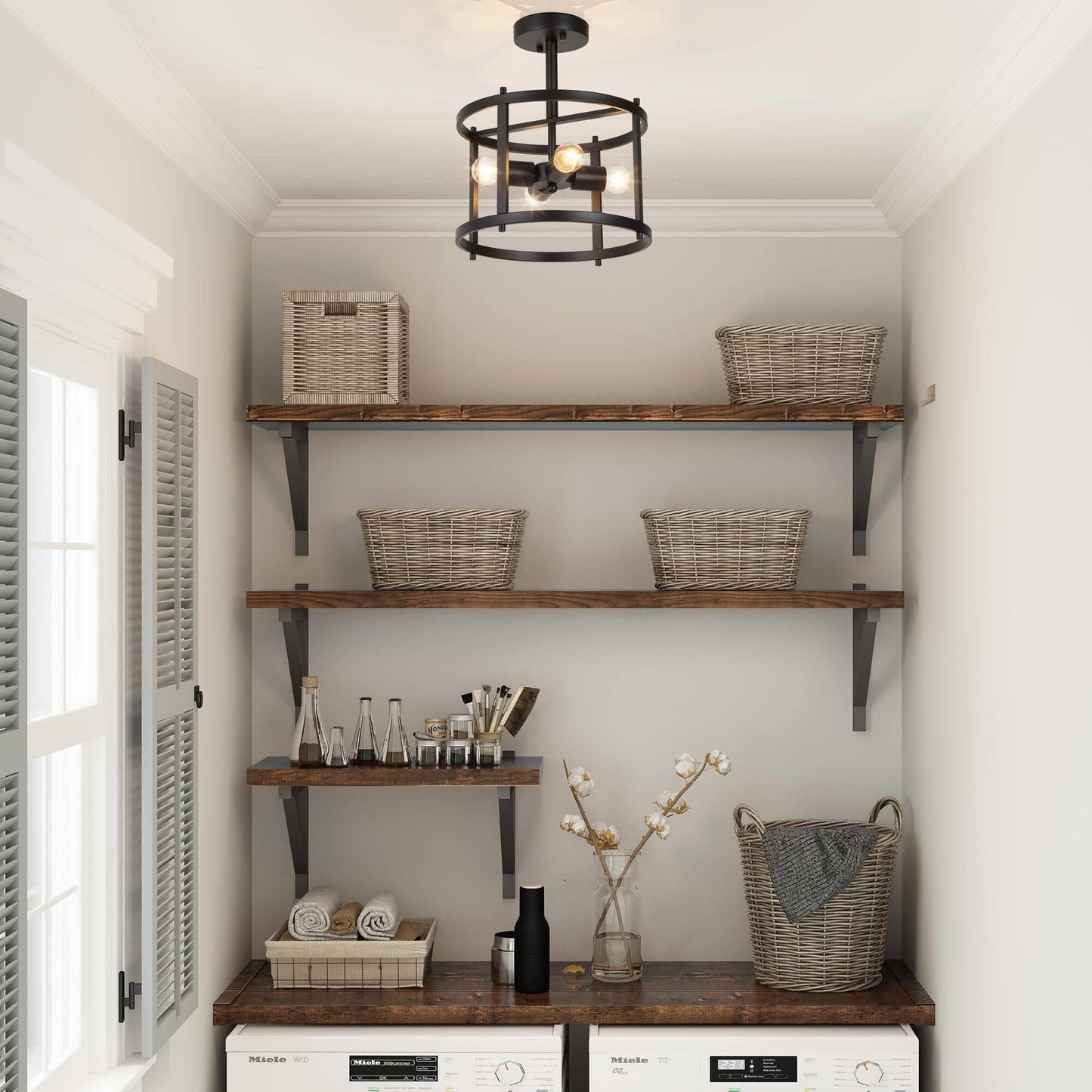 Lampadario a tamburo da soffitto con 4 luci semi-incassate, stile fattoria, nero