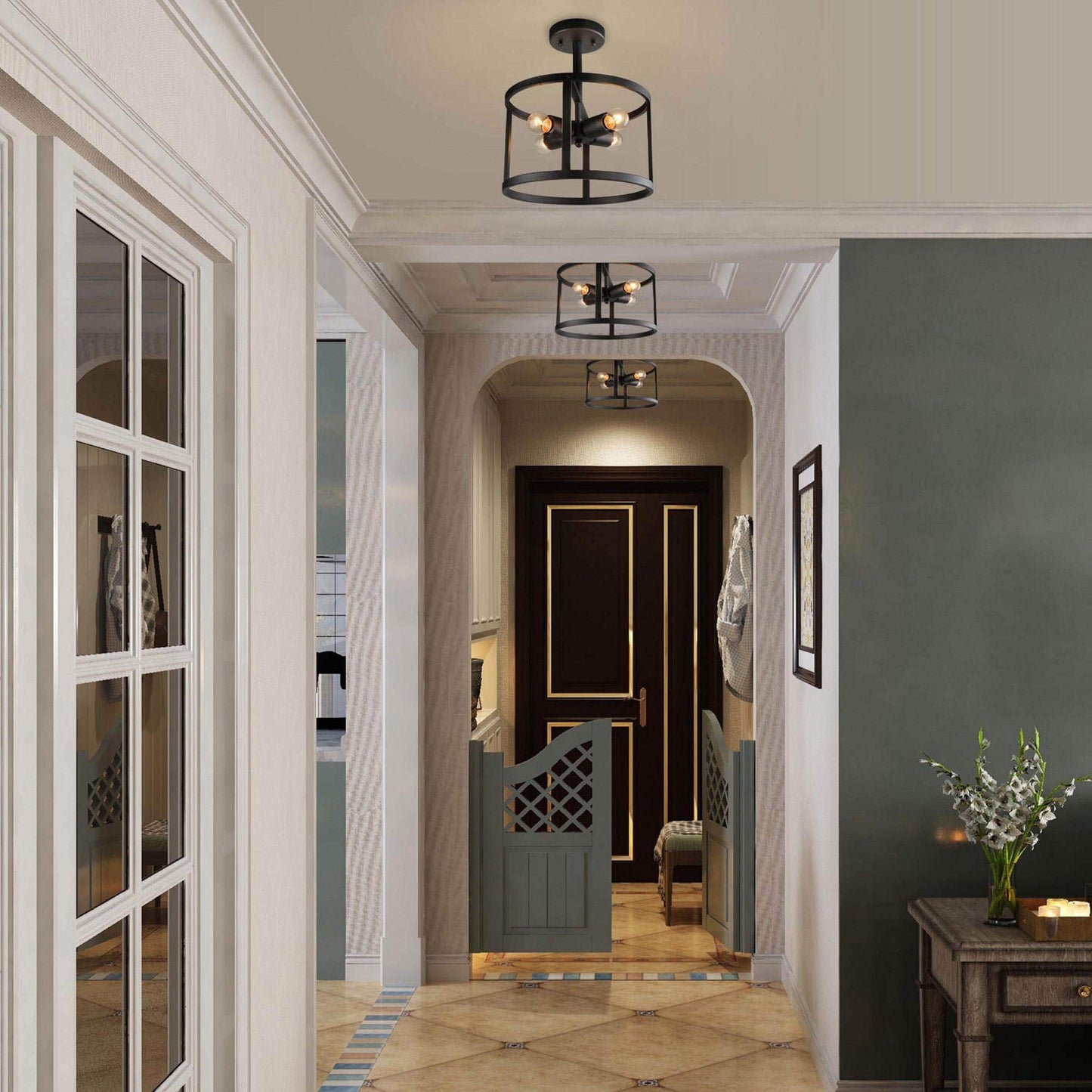 Lampadario a tamburo da soffitto con 4 luci semi-incassate, stile fattoria, nero