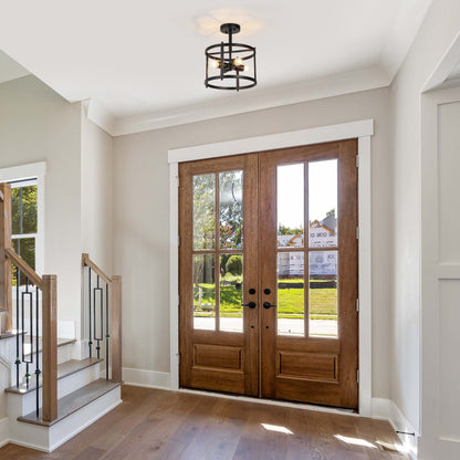 Lampadario a tamburo da soffitto con 4 luci semi-incassate, stile fattoria, nero