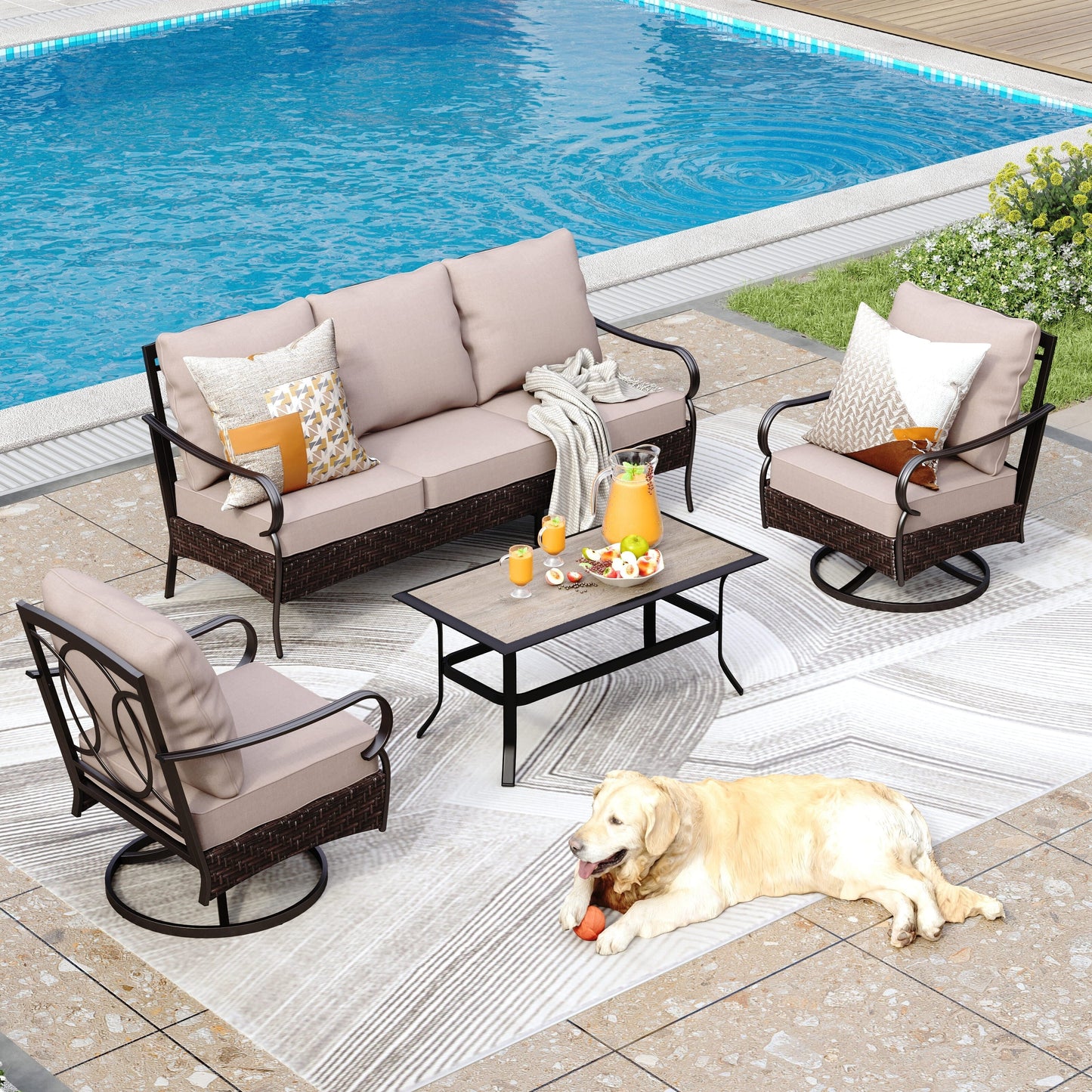 MAISON ARTS Set di mobili da esterno extra large da 6 pezzi: divani a 3 e 2 posti, sedie girevoli, pouf, tavolino da caffè