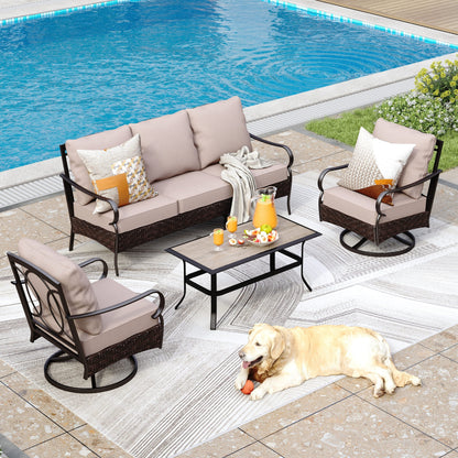 MAISON ARTS Set di mobili da esterno extra large da 6 pezzi: divani a 3 e 2 posti, sedie girevoli, pouf, tavolino da caffè