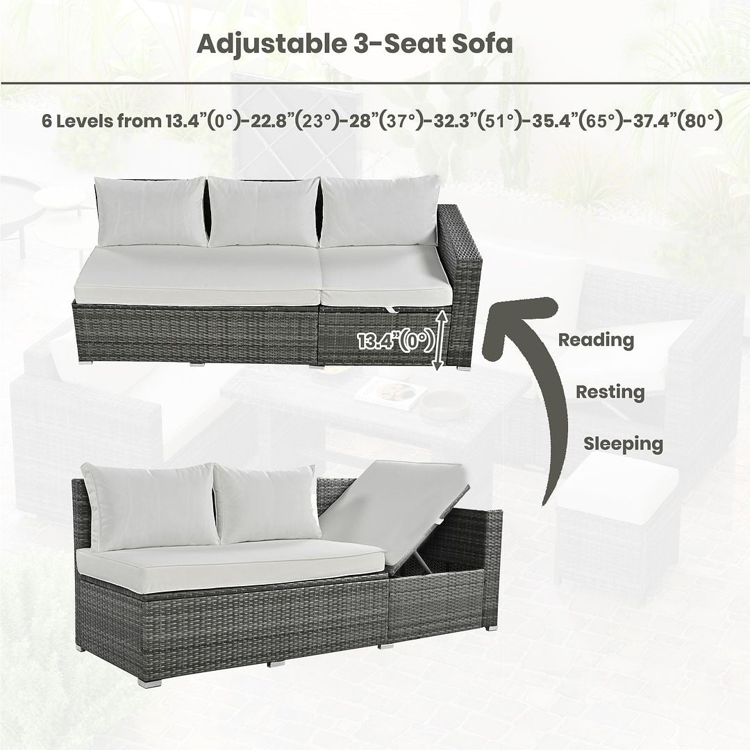 Set di divani da giardino in rattan PE da 6 pezzi con contenitore e sedili regolabili