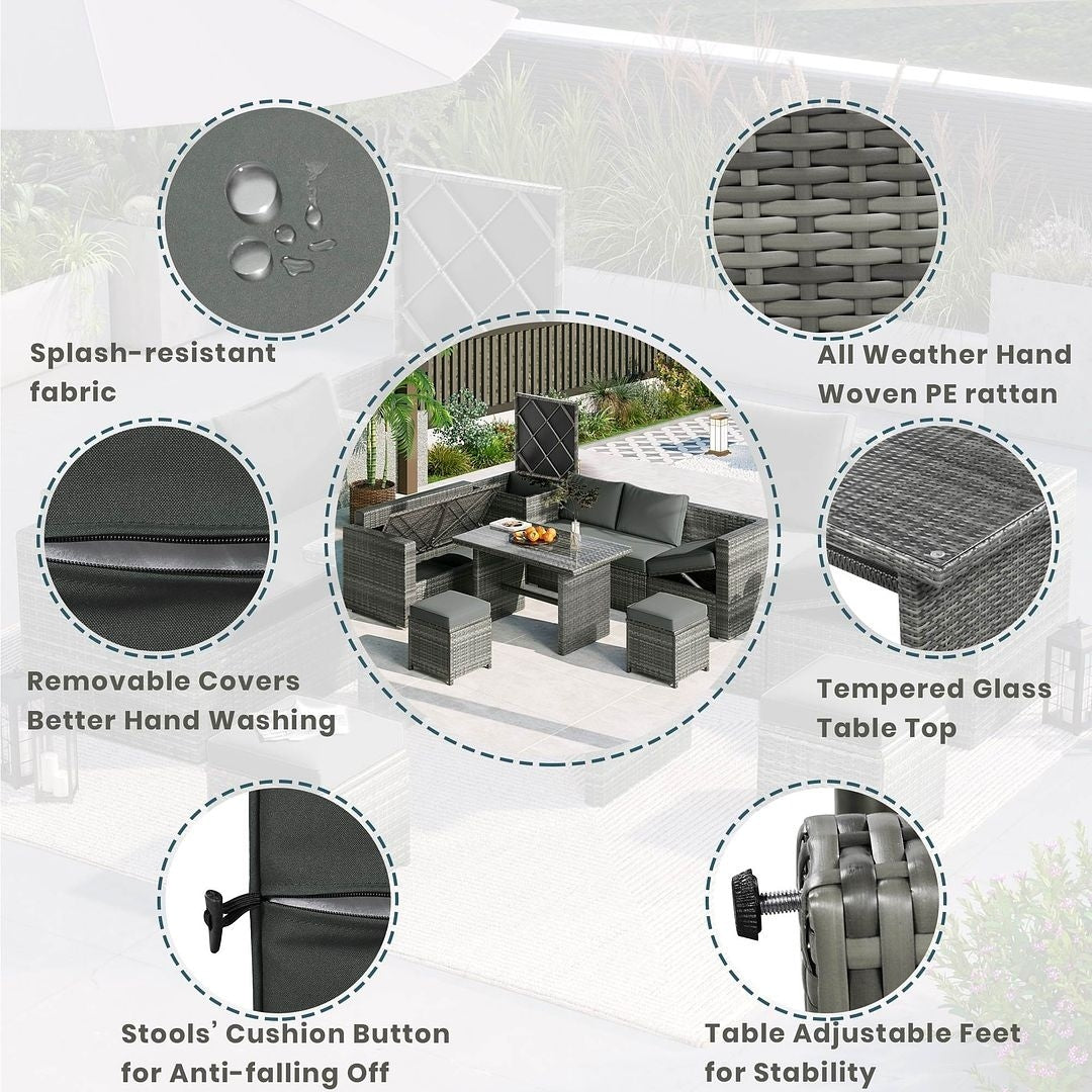 Set di divani da giardino in rattan PE da 6 pezzi con contenitore e sedili regolabili