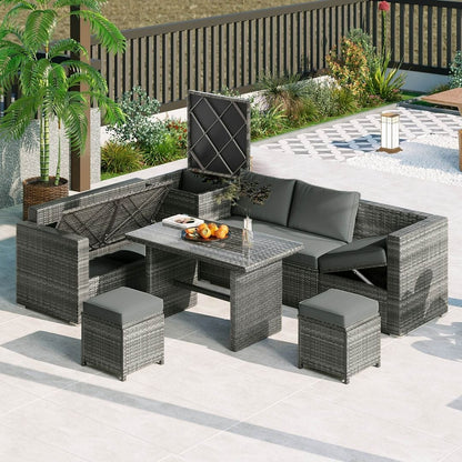 Set di divani da giardino in rattan PE da 6 pezzi con contenitore e sedili regolabili