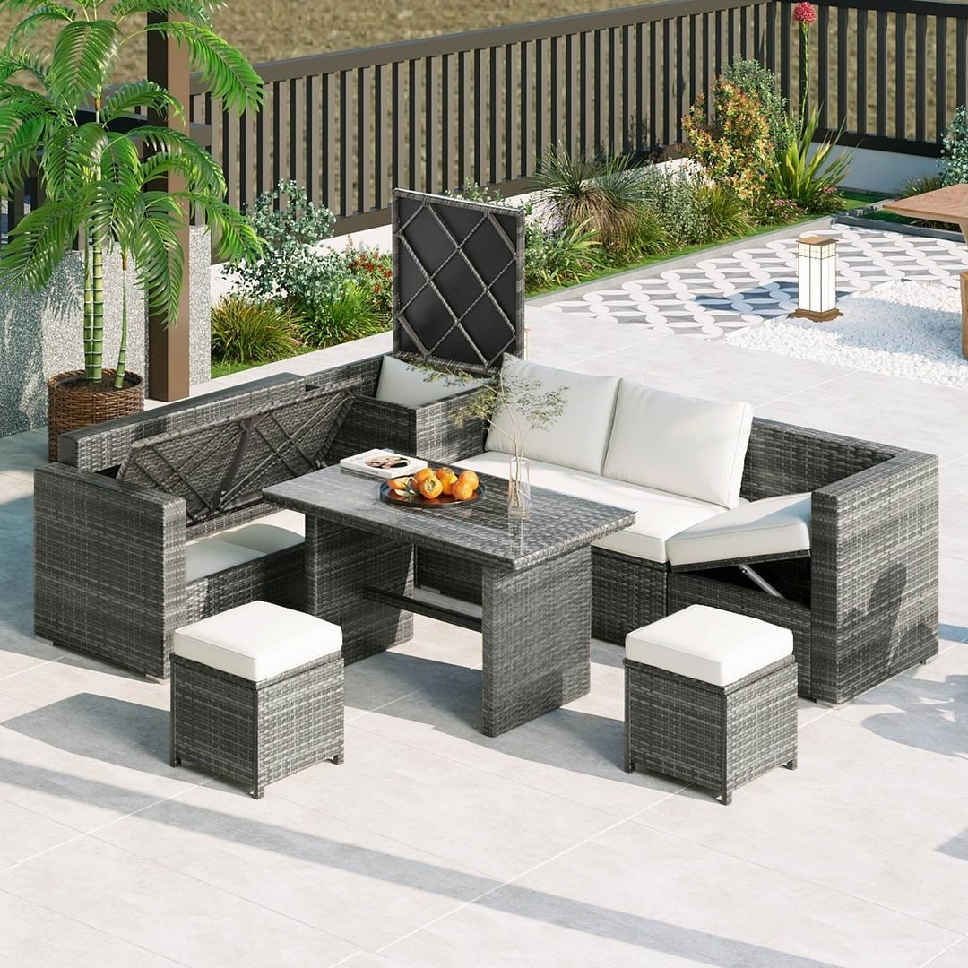 Set di divani da giardino in rattan PE da 6 pezzi con contenitore e sedili regolabili