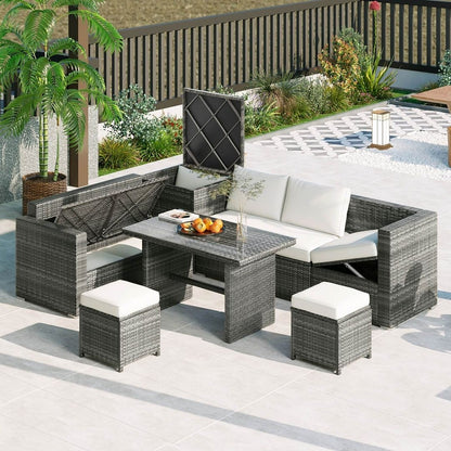 Set di divani da giardino in rattan PE da 6 pezzi con contenitore e sedili regolabili