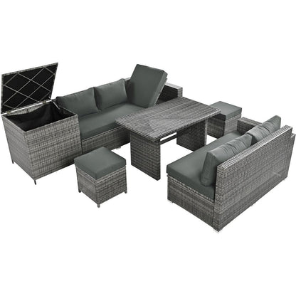 Set di divani da giardino in rattan PE da 6 pezzi con contenitore e sedili regolabili