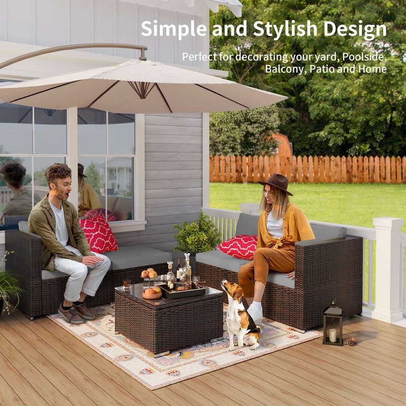 Set di divani componibili da esterno da 5 pezzi, set da conversazione per patio, set di divani componibili in rattan con tavolino da caffè