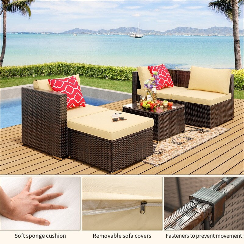 Set di divani componibili da esterno da 5 pezzi, set da conversazione per patio, set di divani componibili in rattan con tavolino da caffè