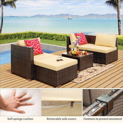 Set di divani componibili da esterno da 5 pezzi, set da conversazione per patio, set di divani componibili in rattan con tavolino da caffè