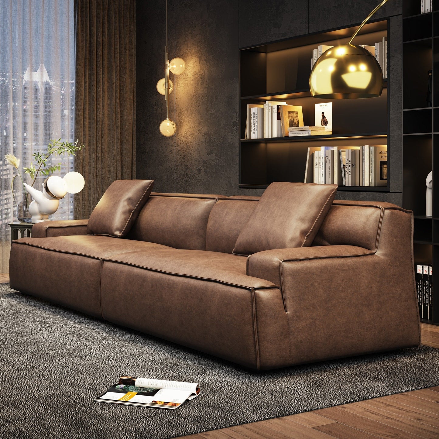 Divano con braccioli incassati, imbottito in pelle per soggiorno - 110,2 W - 110,2 x 28,35