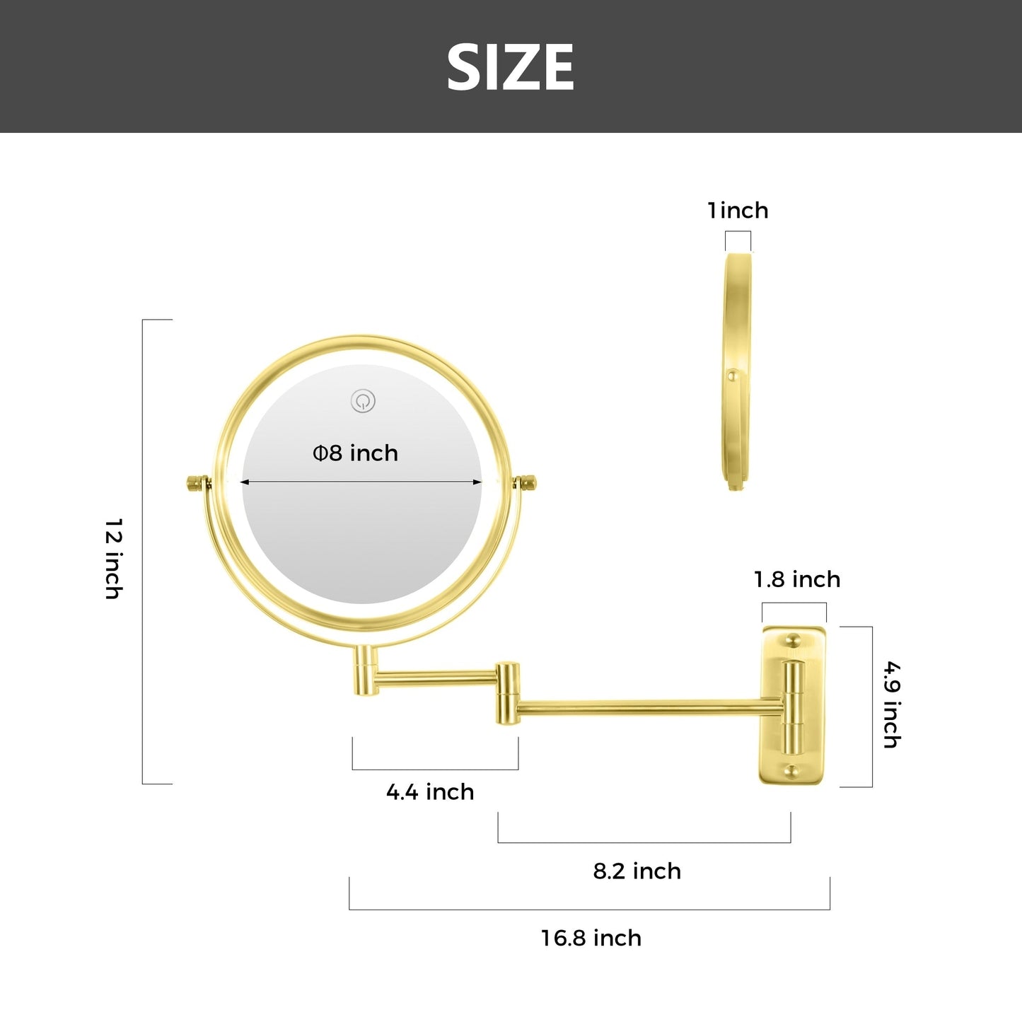 Specchio da trucco rotondo da parete per bagno, ricaricabile, ingrandimento 1x/10x, 3 luci colorate