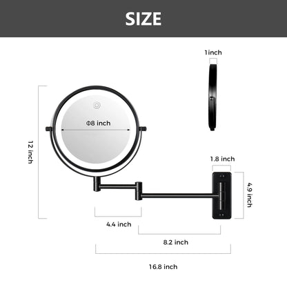 Specchio da trucco rotondo da parete per bagno, ricaricabile, ingrandimento 1x/10x, 3 luci colorate